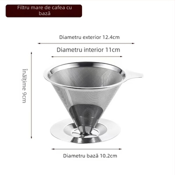 Filtru de cafea cu dublu strat din oțel inoxidabil 304, siglă gravată cu laser, pentru cafea, model monocrom, ambalat într-o cutie de carton.