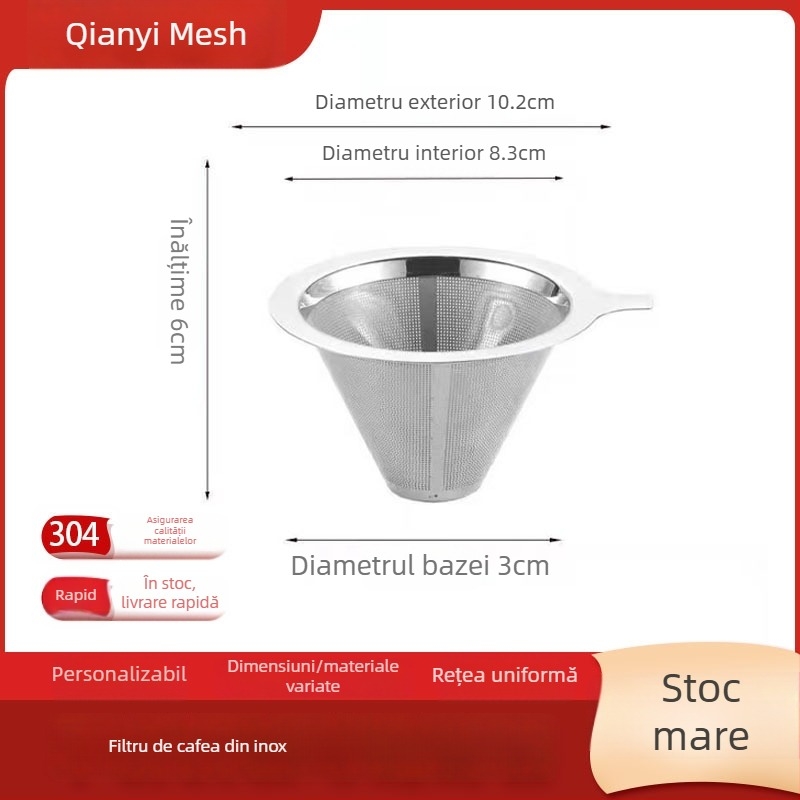 Filtru de cafea cu dublu strat din oțel inoxidabil 304, siglă gravată cu laser, pentru cafea, model monocrom, ambalat într-o cutie de carton.