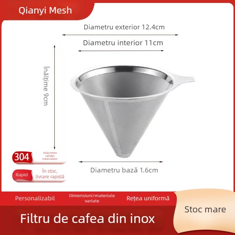 Filtru de cafea cu dublu strat din oțel inoxidabil 304, siglă gravată cu laser, pentru cafea, model monocrom, ambalat într-o cutie de carton.
