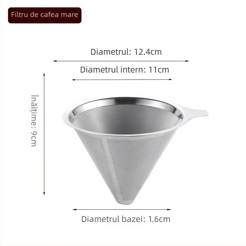 Filtru de cafea cu dublu strat din oțel inoxidabil 304, siglă gravată cu laser, pentru cafea, model monocrom, ambalat într-o cutie de carton.