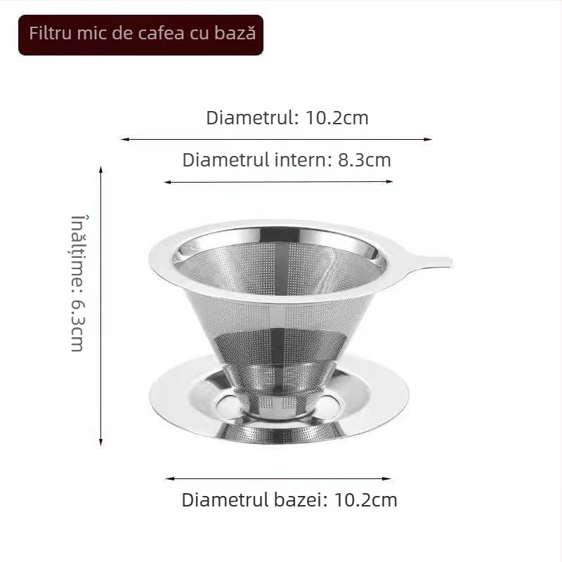 Filtru de cafea cu dublu strat din oțel inoxidabil 304, siglă gravată cu laser, pentru cafea, model monocrom, ambalat într-o cutie de carton.