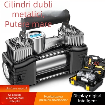 Pompa portabilă de pneuri auto cu două cilindri, 12V, 180W, 45 L/min, Afișaj digital