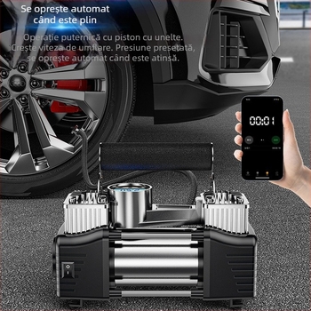 Pompa portabilă de pneuri auto cu două cilindri, 12V, 180W, 45 L/min, Afișaj digital