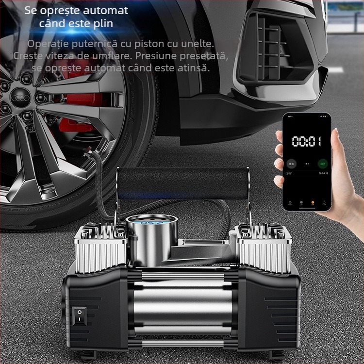 Pompa portabilă de pneuri auto cu două cilindri, 12V, 180W, 45 L/min, Afișaj digital