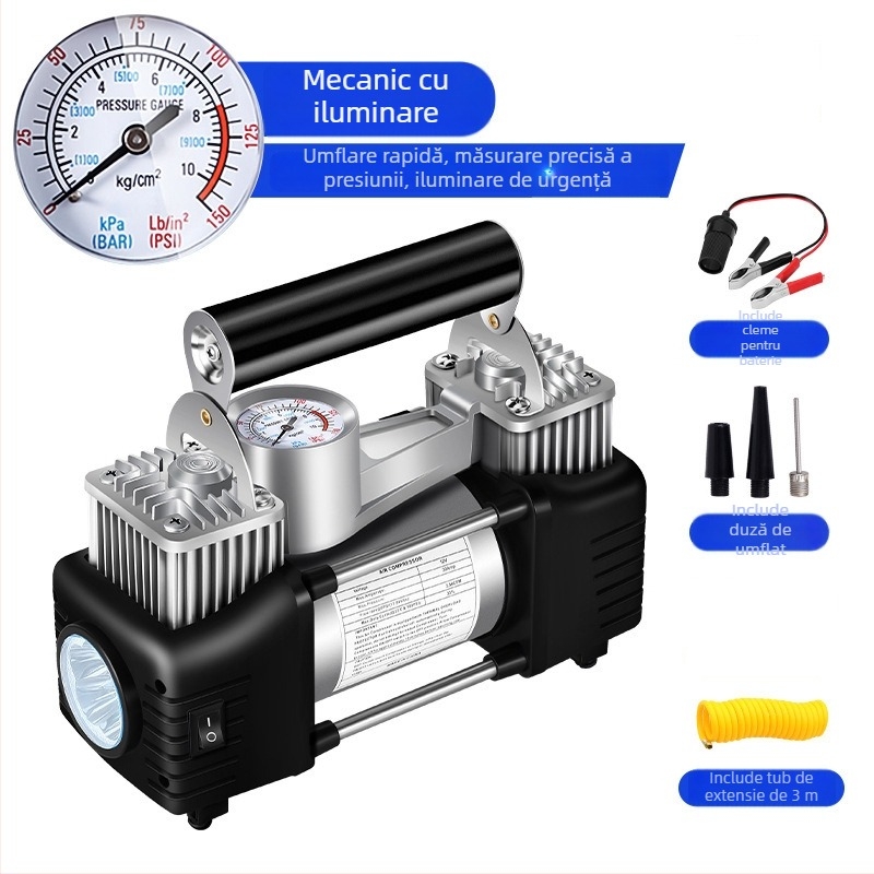 Pompa portabilă de pneuri auto cu două cilindri, 12V, 180W, 45 L/min, Afișaj digital