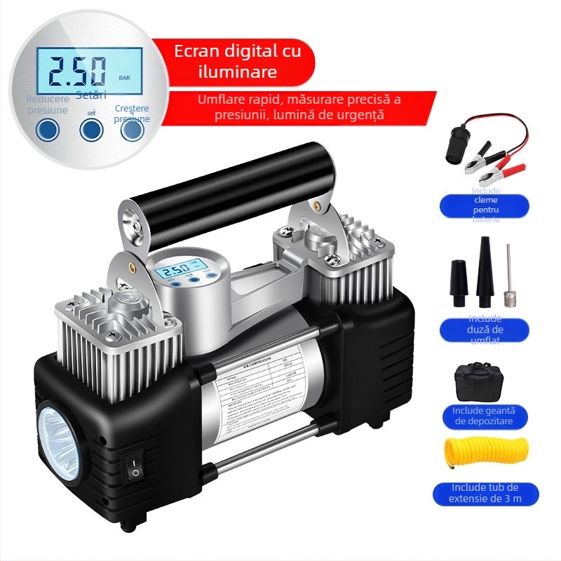 Pompa portabilă de pneuri auto cu două cilindri, 12V, 180W, 45 L/min, Afișaj digital