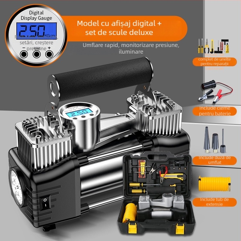 Pompa portabilă de pneuri auto cu două cilindri, 12V, 180W, 45 L/min, Afișaj digital
