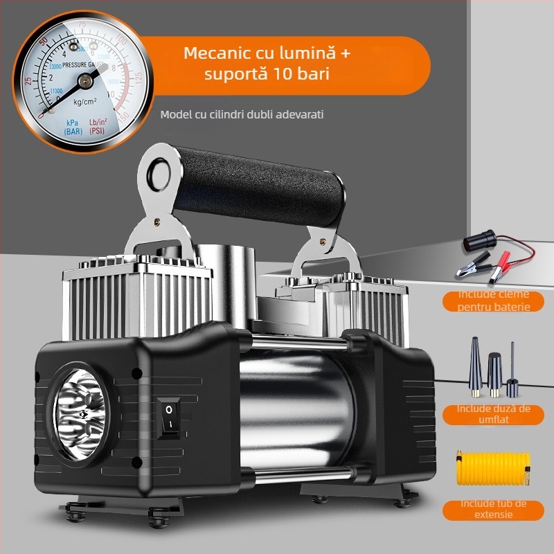 Pompa portabilă de pneuri auto cu două cilindri, 12V, 180W, 45 L/min, Afișaj digital