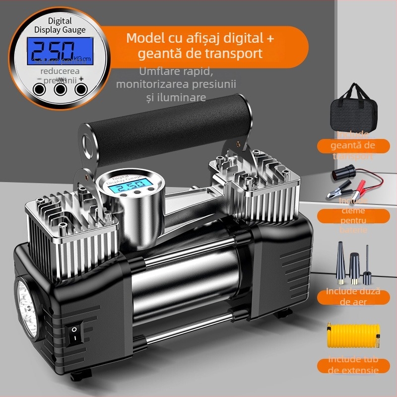 Pompa portabilă de pneuri auto cu două cilindri, 12V, 180W, 45 L/min, Afișaj digital