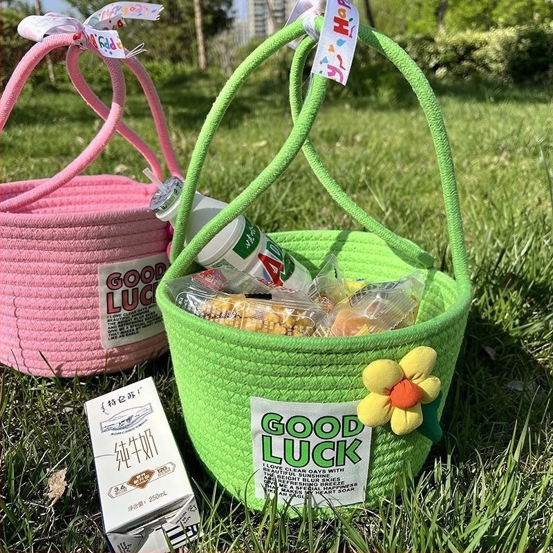 Coș de depozitare, stil Flower hand basket (Material: sfoară de bumbac; Model: Flower hand basket; Stil: Cartoon cute; Lansare: Iarna 2023; Cantitate în cutie: 80)