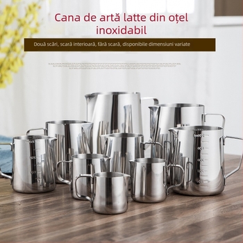 Cană pentru latte art cu gură ascuțită, corp îngroșat din oțel inoxidabil 201, cu scară de măsurare