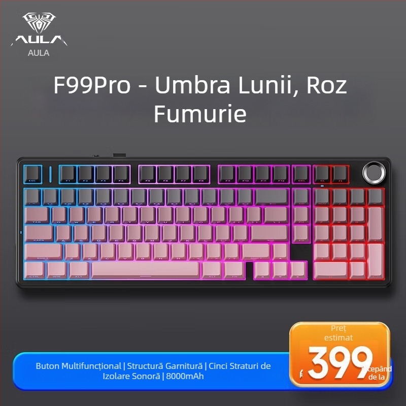 Aula Tarantula F99/F99Pro tastatură mecanică – wireless, Bluetooth în trei moduri, iluminare RGB, carcasă ABS, suportă până la 3 dispozitive simultan