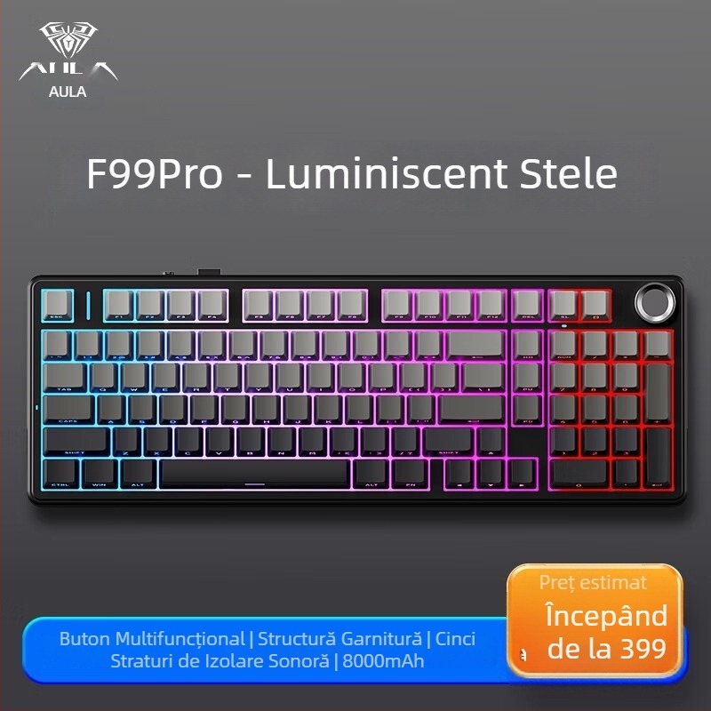 Aula Tarantula F99/F99Pro tastatură mecanică – wireless, Bluetooth în trei moduri, iluminare RGB, carcasă ABS, suportă până la 3 dispozitive simultan