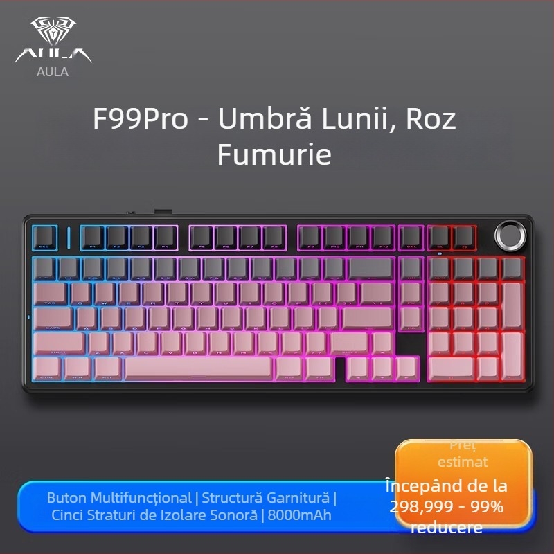 Aula Tarantula F99/F99Pro tastatură mecanică – wireless, Bluetooth în trei moduri, iluminare RGB, carcasă ABS, suportă până la 3 dispozitive simultan