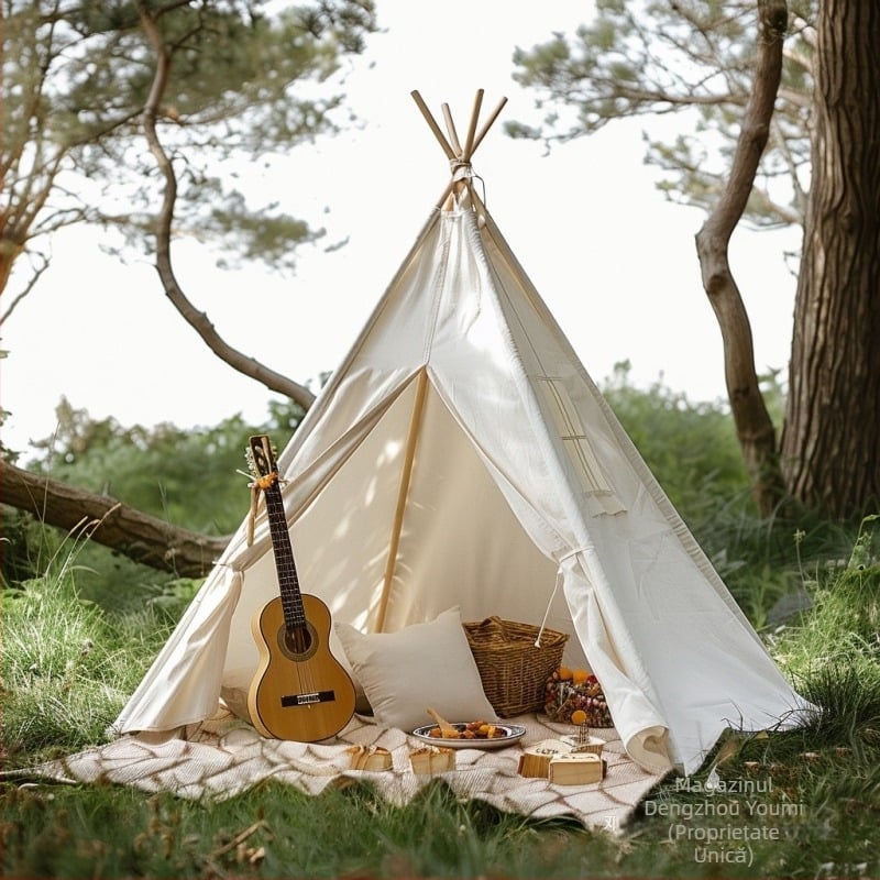 Tentă de camping pentru o persoană, pliabilă, cu formă triunghiulară; construcție cu un singur strat; interior și podea din bumbac și in