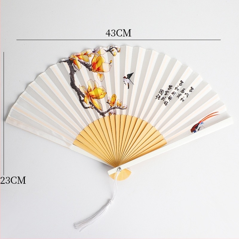 Evantai chinezesc în stil antic, cu mâner lung și ciucuri, material din pânză, marca Tane, ambalare individuală