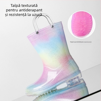 Ghete de ploaie pentru fete, stil prințesă, PVC, toc mic 1–3 cm, înălțime medie a tubului