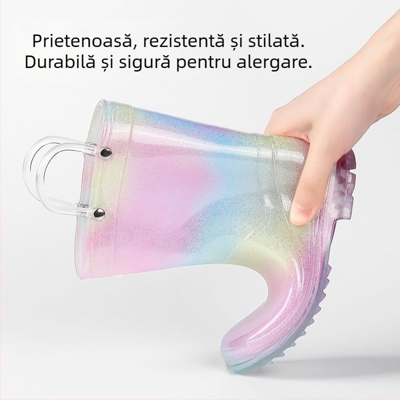 Ghete de ploaie pentru fete, stil prințesă, PVC, toc mic 1–3 cm, înălțime medie a tubului