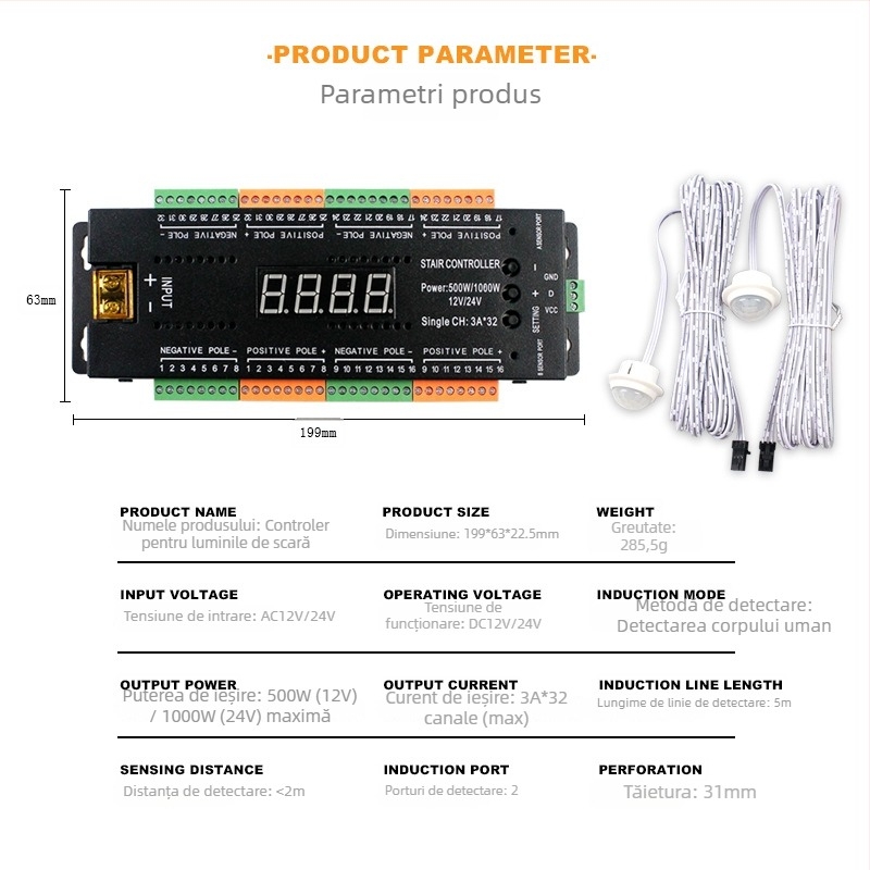 Lumină LED pentru trepte, 2 în 1, cu senzor și controler, Model 221, 12-24V, conectare prin borne