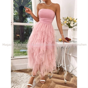 Rochie de seară fără bretele, fără mâneci, talie înaltă, curea din plasă, poliester