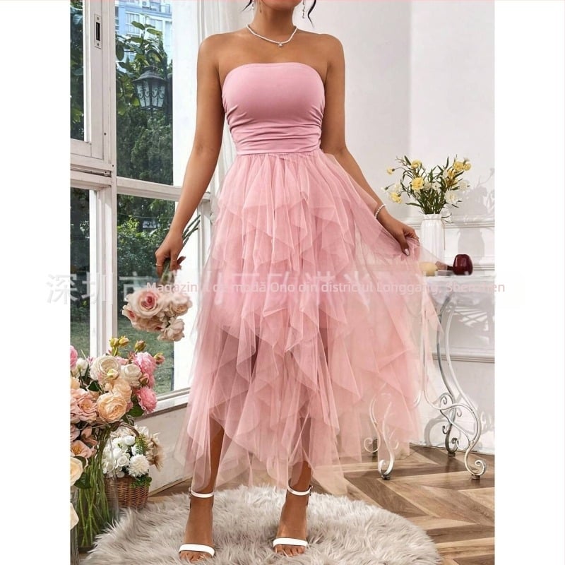 Rochie de seară fără bretele, fără mâneci, talie înaltă, curea din plasă, poliester