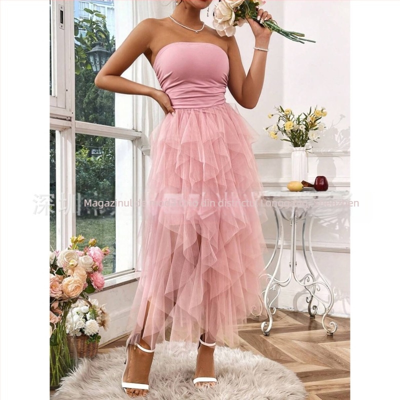 Rochie de seară fără bretele, fără mâneci, talie înaltă, curea din plasă, poliester