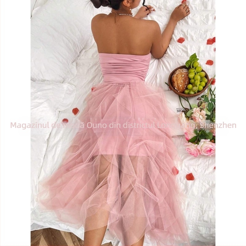 Rochie de seară fără bretele, fără mâneci, talie înaltă, curea din plasă, poliester