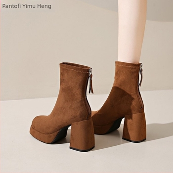 Ghete Martin din velur pentru femei, stil coreean, toc gros, înălțime toc 6–8 cm, fermoar pe spate