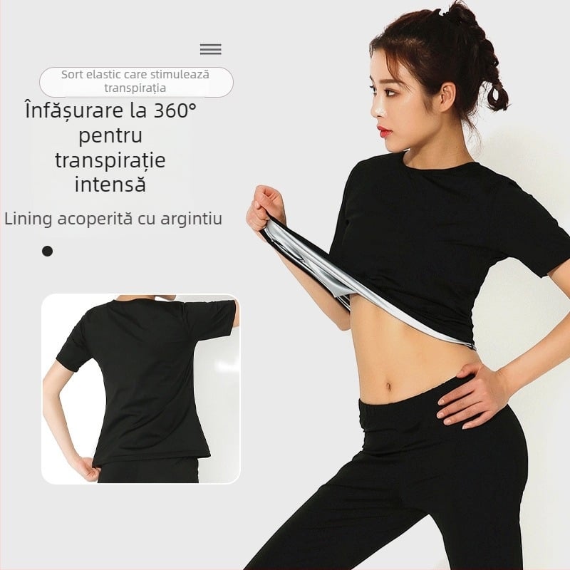 Tricou damă pentru fitness cu mânecă scurtă, guler rotund – țesătură Milk Silk, poliester 88%, căptușeală cu luciu argintiu, potrivit pentru fitness, alergare, ciclism