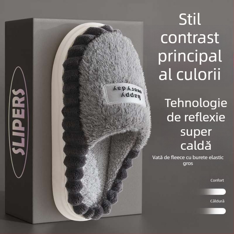 Papuci de casă în formă I, cu blană de iepure pe partea superioară și căptușire din blană, talpă EVA, design cu deget despărțit