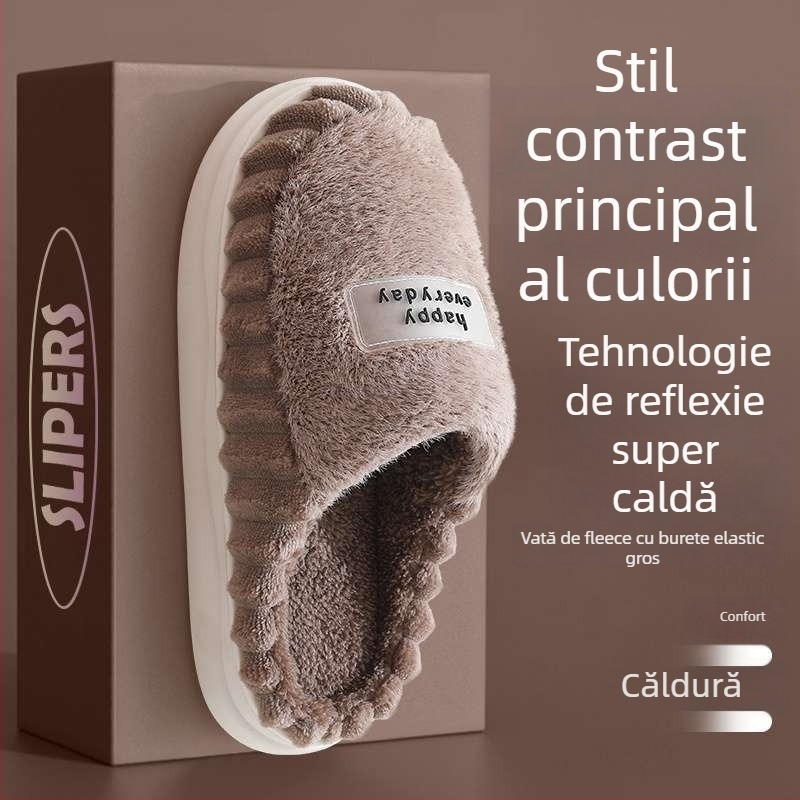 Papuci de casă în formă I, cu blană de iepure pe partea superioară și căptușire din blană, talpă EVA, design cu deget despărțit