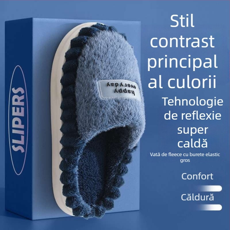 Papuci de casă în formă I, cu blană de iepure pe partea superioară și căptușire din blană, talpă EVA, design cu deget despărțit