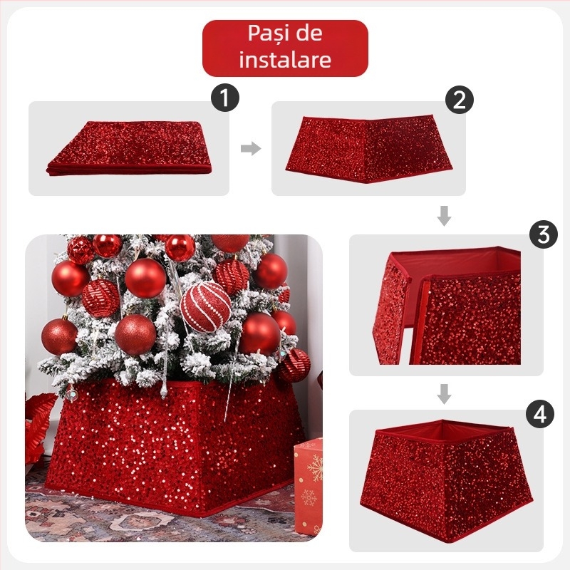 Plantronics fustă pentru pom de Crăciun cu material paiete, decor 3D în jurul bazei pomului, stil modern minimalist, producție semi manuală/semi automatizată