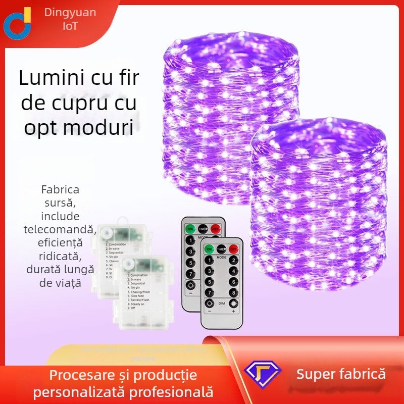 Șir de lumini LED cu fir de cupru, cutie baterii cu 8 funcții, IP65, reglabil, cod 1010
