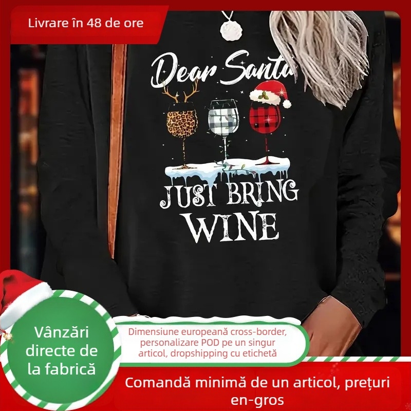 Pulover damă de Crăciun cu mânecă lungă, guler rotund, imprimeu, croială Slim, poliester