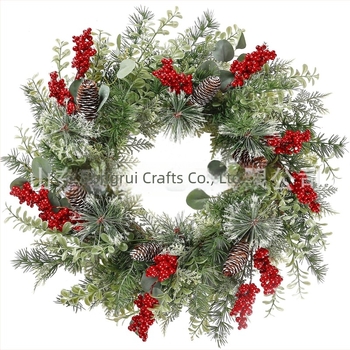 Ghirlandă de Crăciun cu fructe artificiale, din rotan natural, lucrată manual, pentru decor interior la ușă, pe perete sau la fereastră.