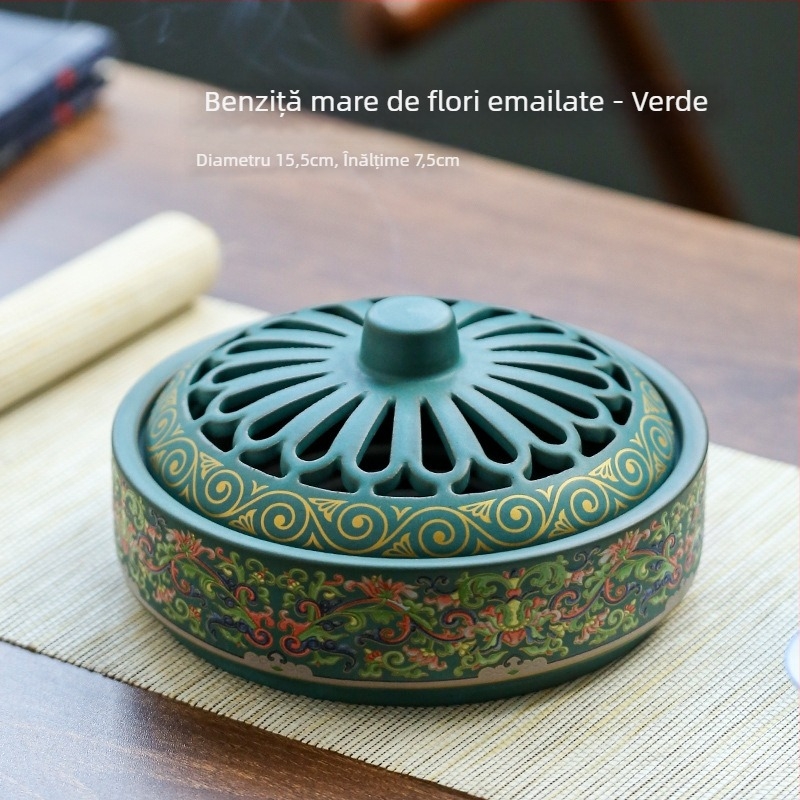 Suport pentru tămâie ceramic cu email cloisonné, lucrat manual, stil clasic, pentru interior, 12 ore de ardere