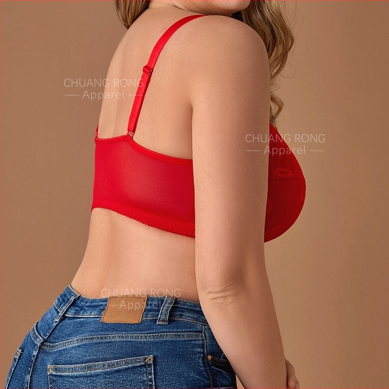 Sutien plus-size fără sârmă, cu închidere frontală, dantelă, nailon, cupe preformate, respirabil