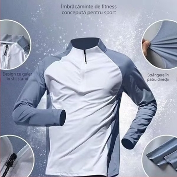 Tricou sport pentru bărbați cu fermoar parțial, uscare rapidă, cu glugă, mâneci lungi, absorbția transpirației