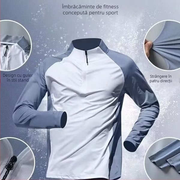 Tricou sport pentru bărbați cu fermoar parțial, uscare rapidă, cu glugă, mâneci lungi, absorbția transpirației
