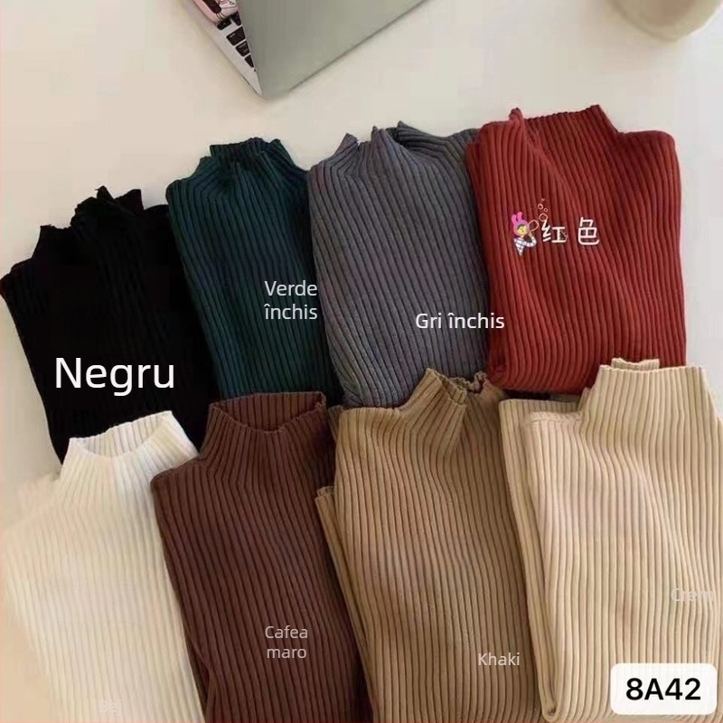 Pulover slim-fit din viscoză cu fir core-spun, mâneci lungi, guler semi-înalt, culoare solidă, grosime medie