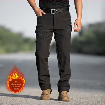 Pantaloni tactici outdoor cu căptușeală de fleece, culoare solidă, iarna-toamna, pentru bărbați; material: fleece compozit; scop: încălzire