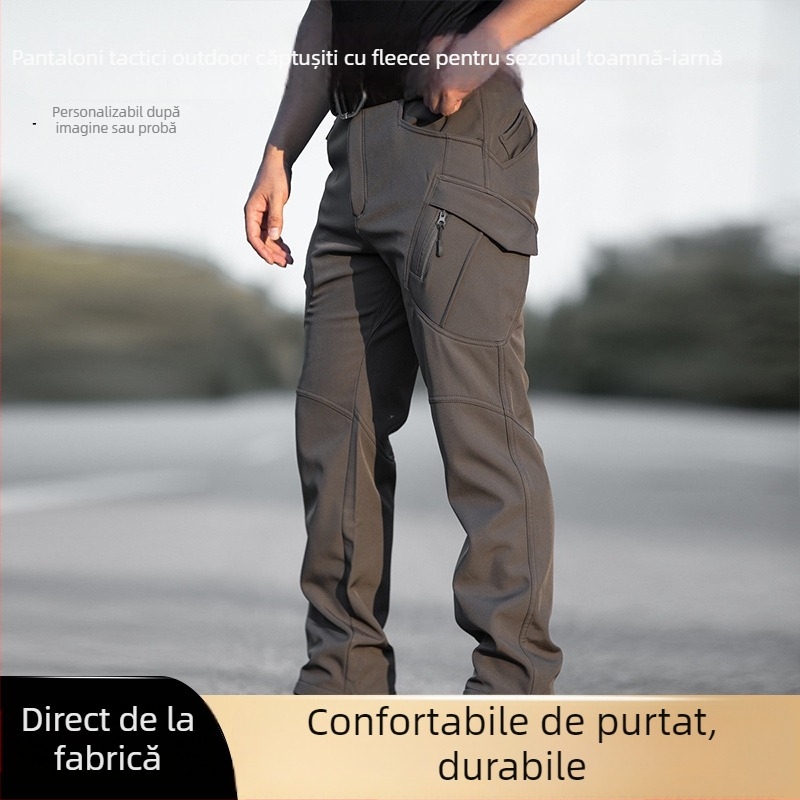 Pantaloni tactici outdoor cu căptușeală de fleece, culoare solidă, iarna-toamna, pentru bărbați; material: fleece compozit; scop: încălzire