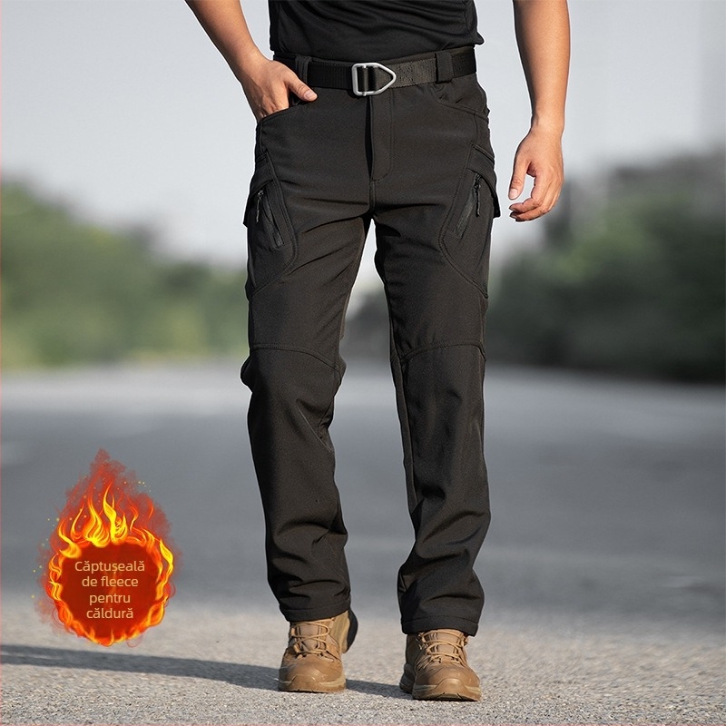 Pantaloni tactici outdoor cu căptușeală de fleece, culoare solidă, iarna-toamna, pentru bărbați; material: fleece compozit; scop: încălzire