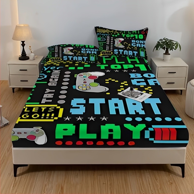 Set de lenjerie de pat din trei piese, design 3D și dungi geometrice, imprimare digitală pe fibră sintetică