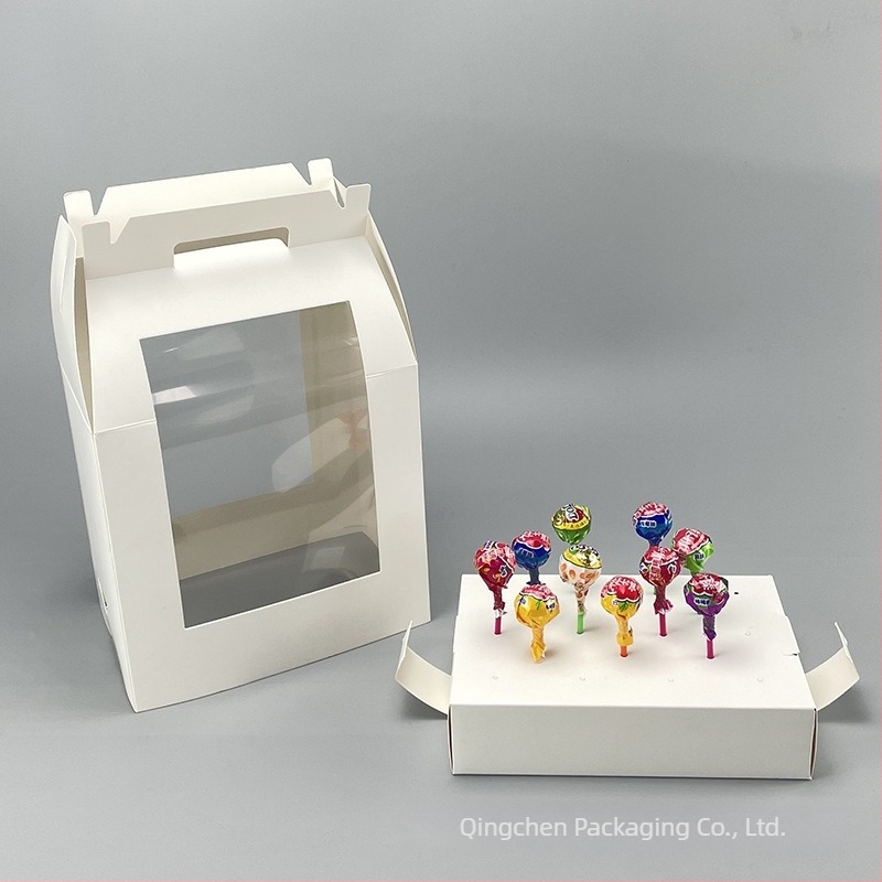 Cutie de prezentare pentru bomboane lollipop cu fereastră, personalizabilă ( carton alb 350gsm; tavă pliabilă; imprimare logo; imprimare UV)