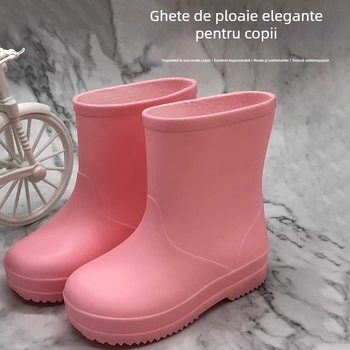 Cizme de ploaie pentru copii – PVC, impermeabile, antiderapante, talpă plată, tub scurt, model solid, unisex, pentru copii 7–12 ani