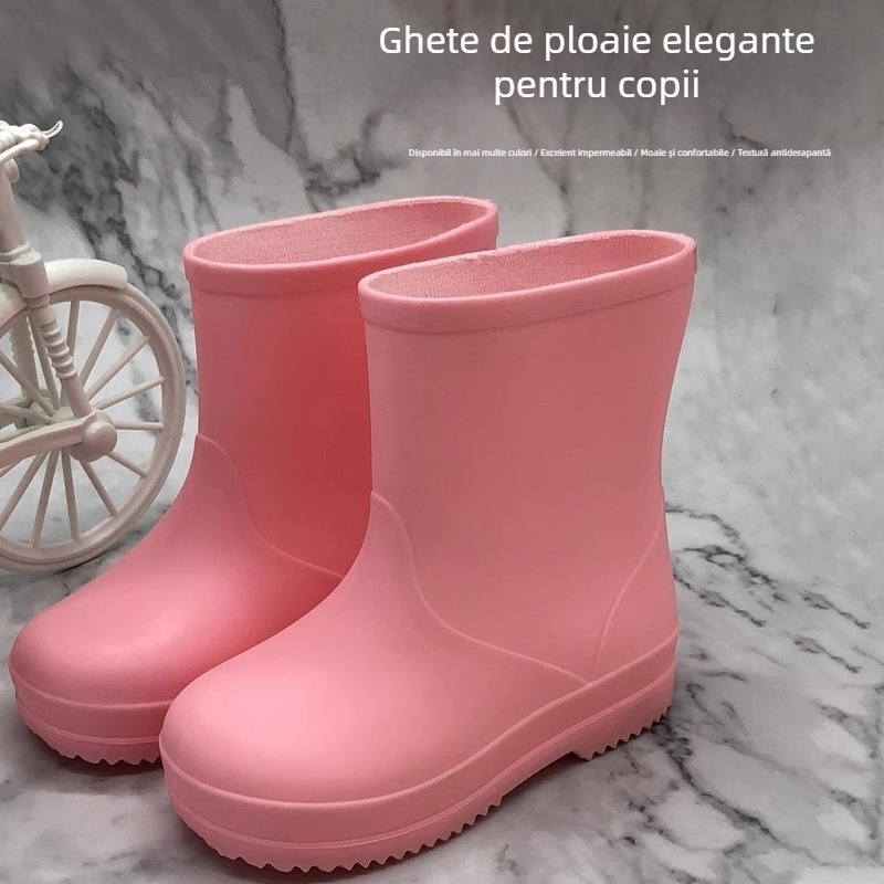 Cizme de ploaie pentru copii – PVC, impermeabile, antiderapante, talpă plată, tub scurt, model solid, unisex, pentru copii 7–12 ani