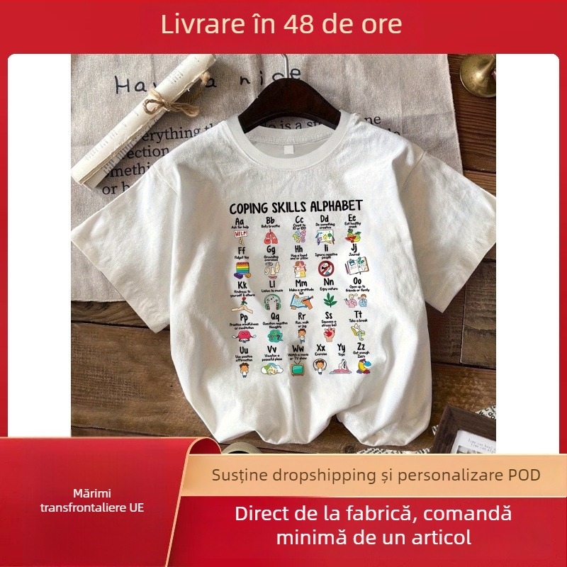 Tricou din bumbac cu grafica alfabetului deprinderilor de coping, guler rotund, mâneci scurte, ștanțare la cald