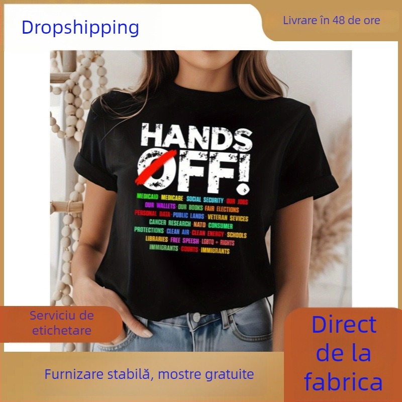 Tricou din bumbac, imprimare Hands Off Protest, mâneci scurte, guler rotund, croială dreaptă